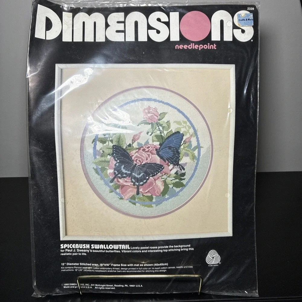 VTG Swallowtail Butterfly & Roses Dimensions Needlepoint COMPLETE Kit Spicebush